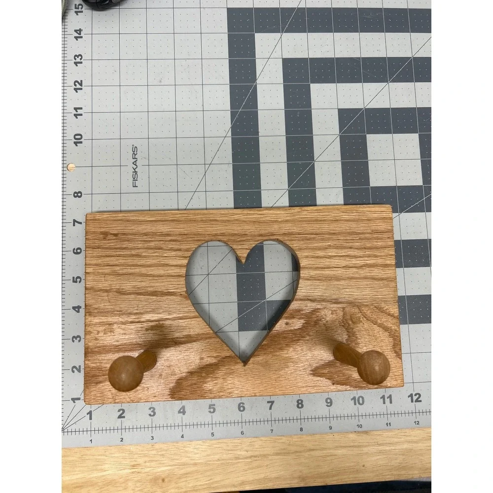 Vtg Handmade Wood Wall Rack Brown Heart Cutout 2-Peg Rustic Oak 1992 Cottagecore
